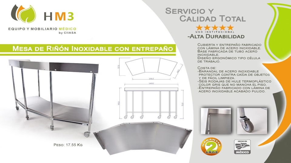 Mesa de riñón inoxidable con entrepaño - Imagen 3